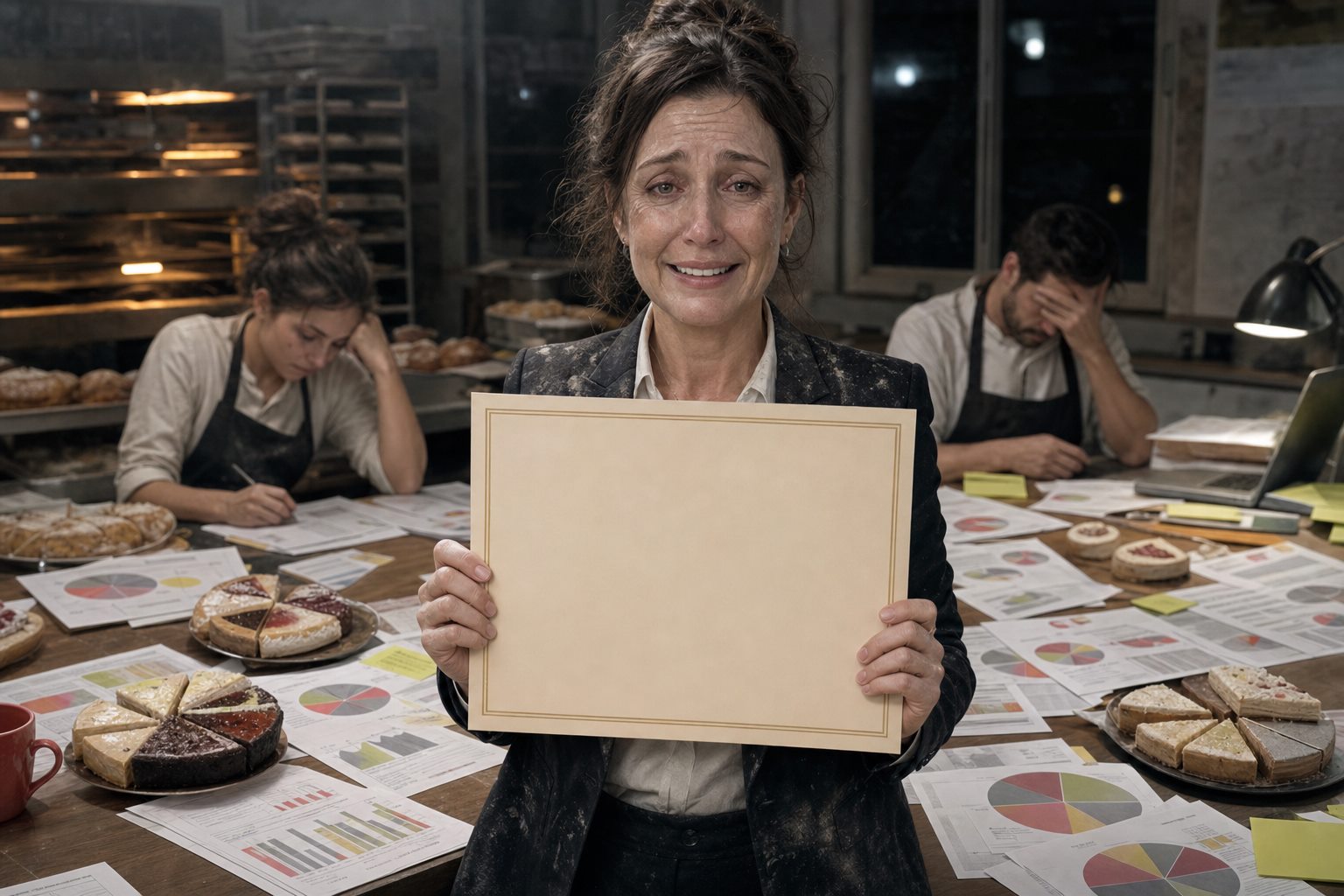An exhausted bakery executive forcing a smile while holding a blank certificate amid divided pastries and paperwork