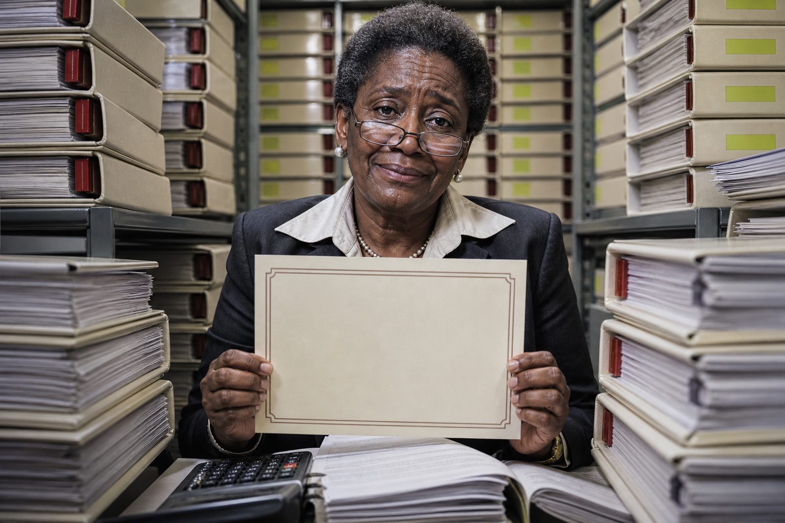 A sleepless finance executive holding a blank certificate between towering stacks of reports