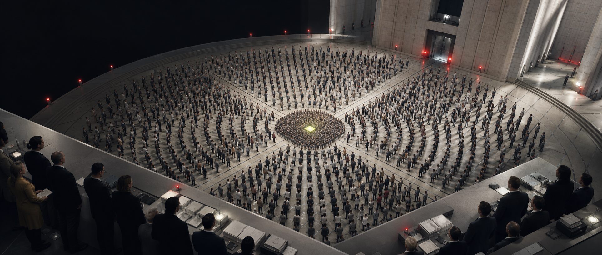 An immense crowd arranged with impossible precision around a single glowing square in a monumental civic chamber