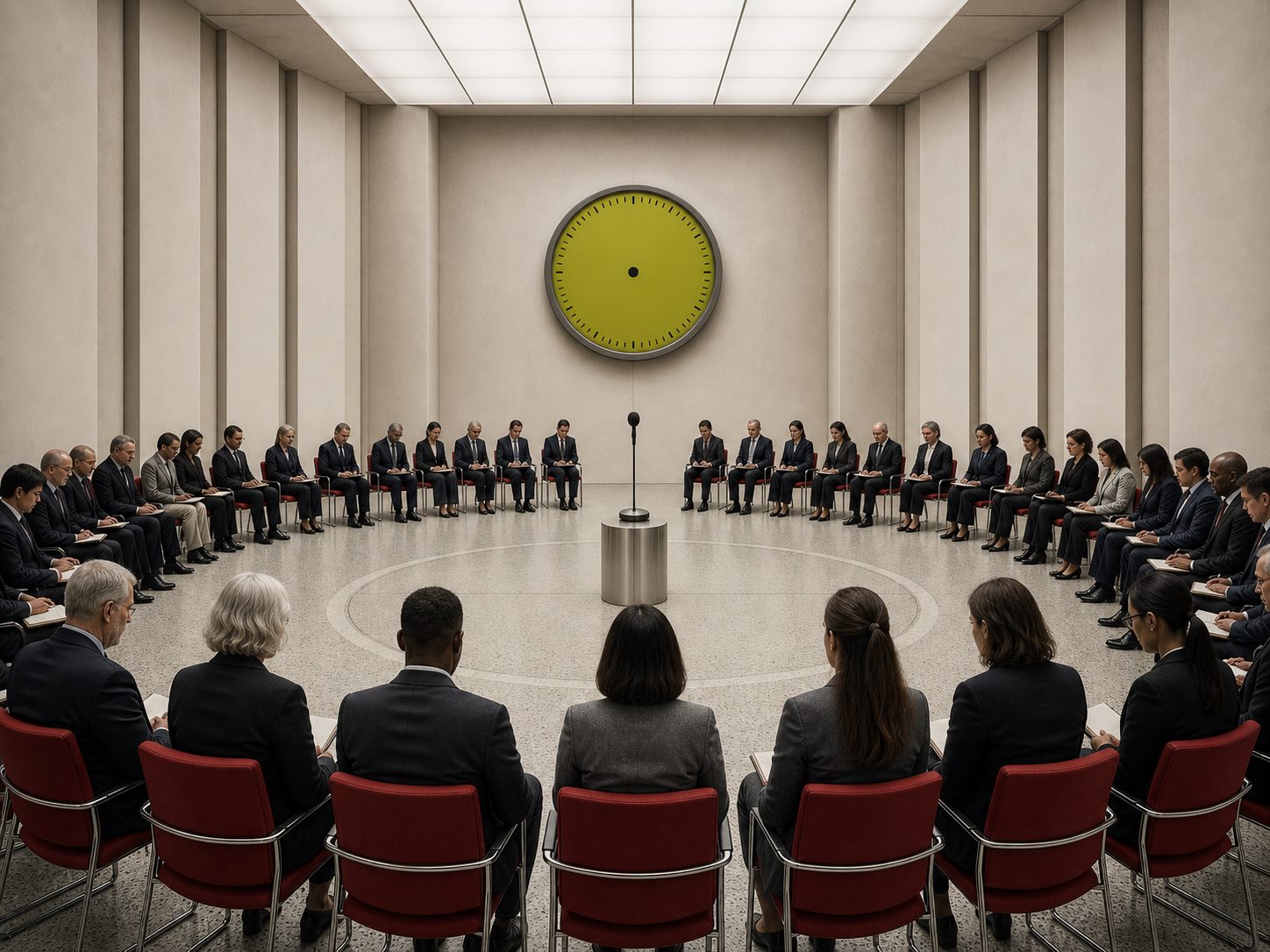 Professionals sitting silently in a perfect circle around an unused microphone and a clock with no hands