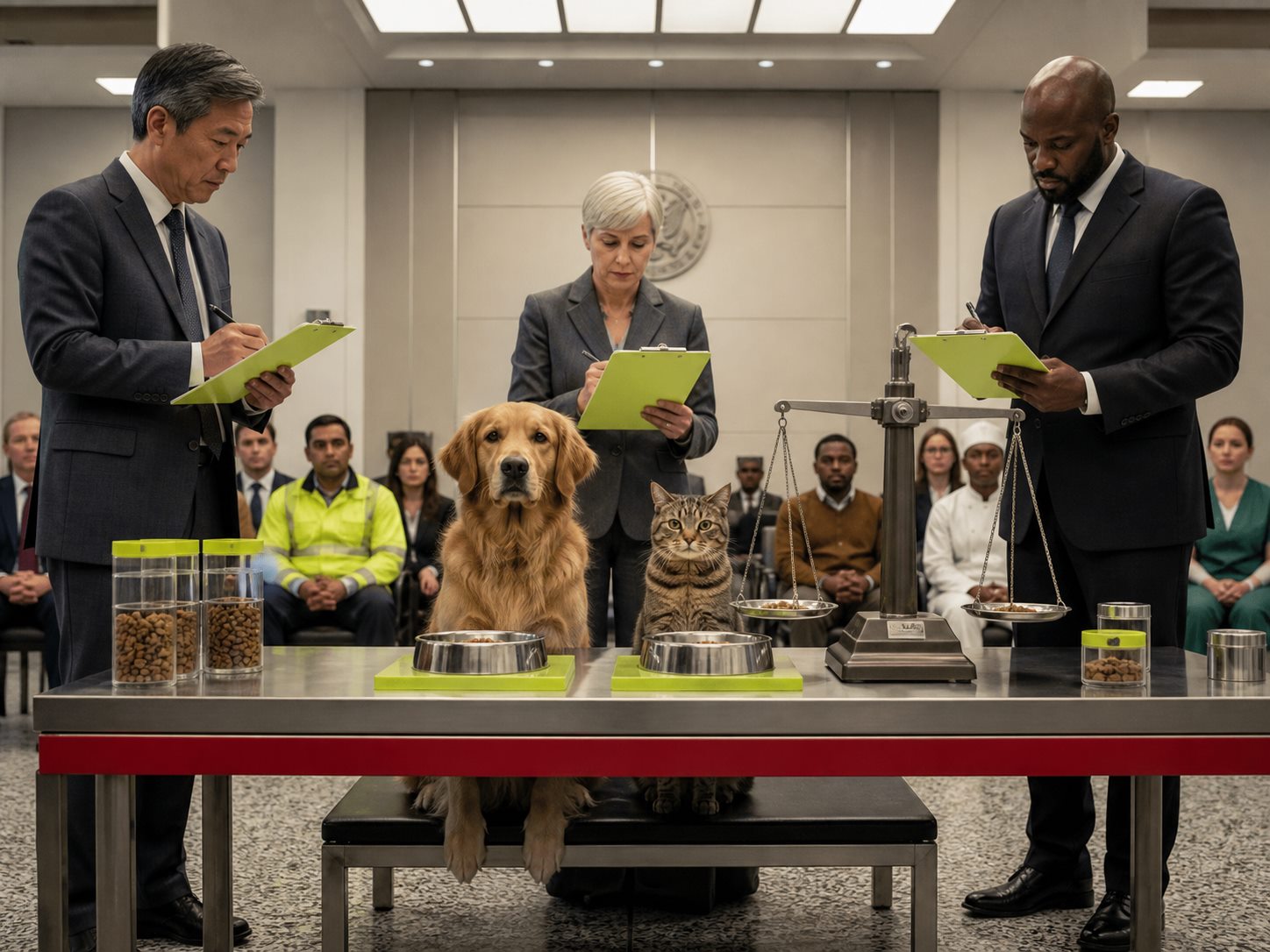 A calm dog and cat undergoing a solemn audit by three consultants with clipboards and balanced food bowls